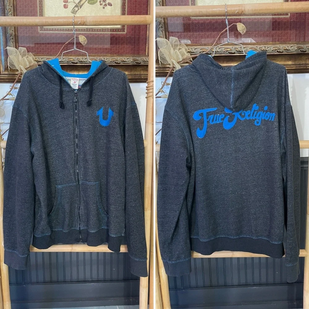 Y2K True Religion Raised Spellout Full Zip Hoodie Charcoal Blue Men’s 2XL🧡🎀